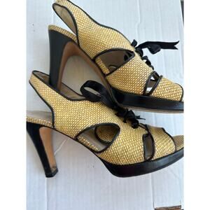 Ramon Tenza Spain Raffia Slingback Heels Peep Toe Black Trim Resort Wedding 7